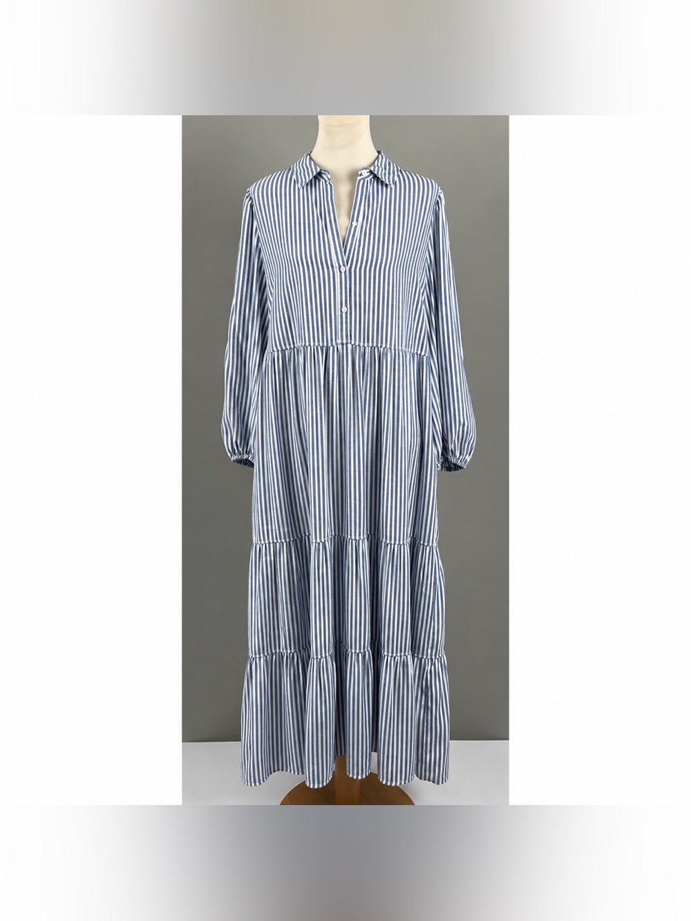Max Studio London Blue White Striped Tiered Shirt Dress XL
